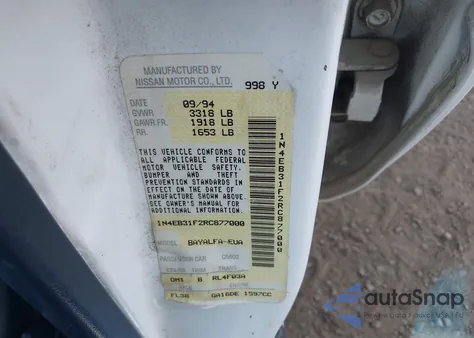 1994 Nissan Sentra E/Xe/Gxe/Le из США, поврежденный, VIN 1N4EB31F2RC877000